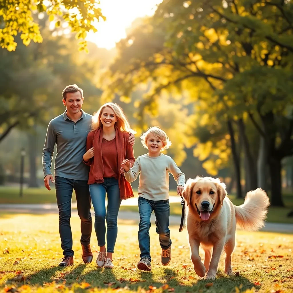 Família caminhando no parque com cachorro comportado ao lado