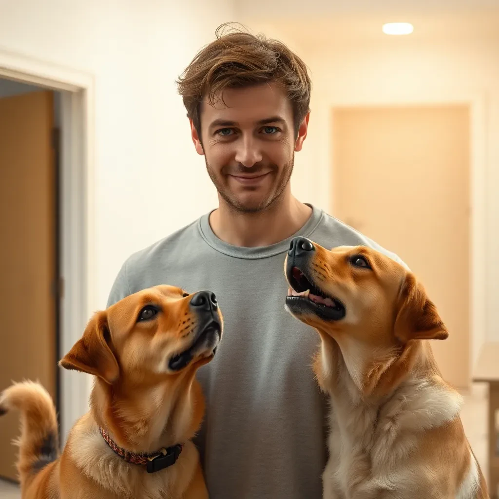 Dono levemente frustrado olhando para cachorro latindo na porta